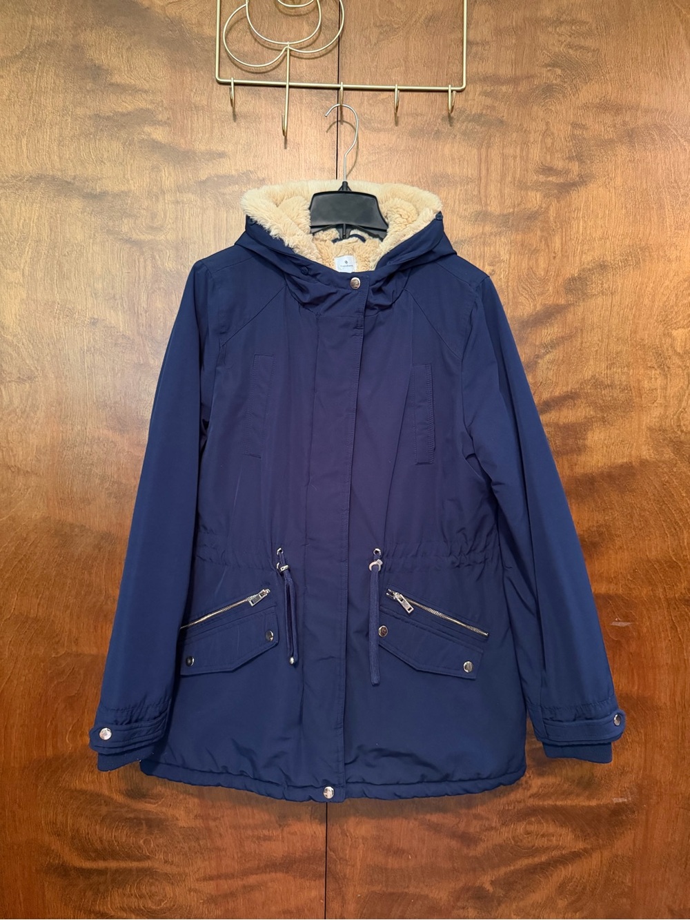 Vintage Dressbarn Zip Front Parka Coat Womens L Blue Fur Lined Hood Winter Lined